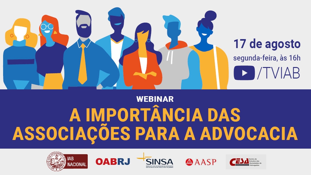 Descrição da imagem: na parte superior, sobre um fundo bege claro, há desenhos de pessoas de gêneros diversos. No centro, sobre um fundo azul, o título do evento em amarelo. Na parte de baixo, as logos do IAB, em vermelho e branco; da OAB/RJ, em vermelho